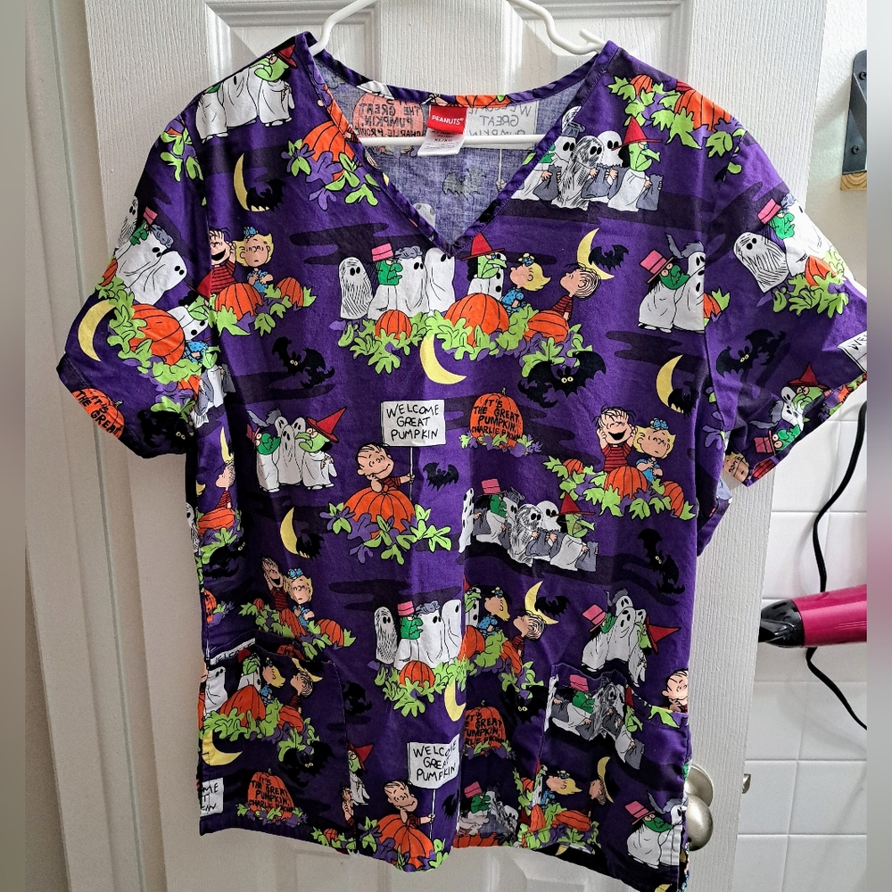Peanuts Purple Halloween Scrub Top
